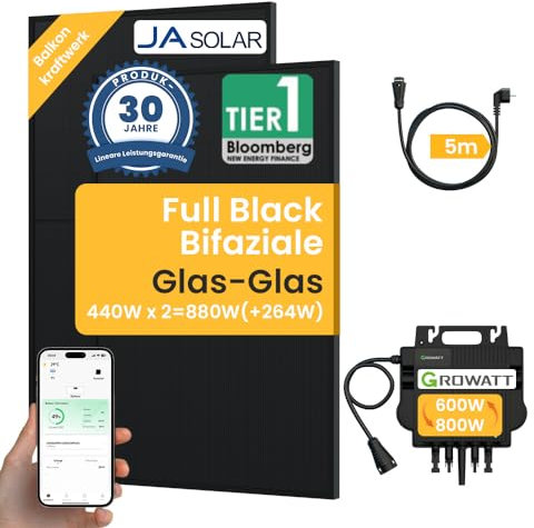 Powerness® 880Wp Balkonkraftwerk 800W Komplett Steckdose, Ja Solar 440Wpx2 Full Black Bifaziale Solarmodule, Growatt 800W Mikro-Wechselrichter mit 5m Kabel Solaranlage Komplettset