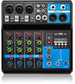 Mini console di miscelazione stereo a 5 canali, mixer con USB Bluetooth e 48 V Phantom Power, DJ Live Audio Mixer con effetto hall per karaoke Stage, Home KTV, studi di registrazione, streaming live