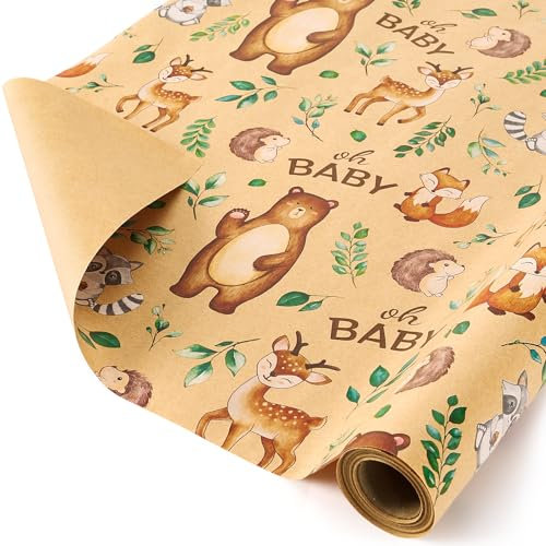 WERNNSAI Baby Geschenkpapier aus Kraftpapier– 1 Rolle 43 cm x 10 m Geschenkpapier für Kinder Wendbar Waldtiere Kraftpapier Geschenkpapier Dekoration Bär Hirsch für Neugeborene Geburtstag