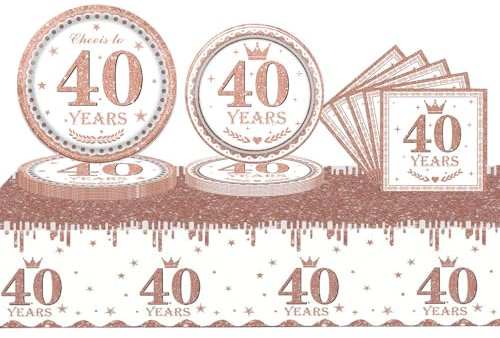 53Pcs Rose Gold Tableware Set - 40th Birthday Table Cloth, Napkins, Plates & Dinnerware for Her 40th Anniversary Party Supplies
