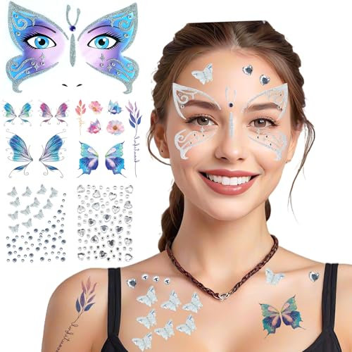 5pcs Schmetterling Tattoo Gesicht, Glitzer Gesichtstattoo Karneval, Gesichtstattoo Schmetterling Schminke mit Glitzersteine Gesicht, Temporäre Tattoos für Karneval, Fasching, Motto Party
