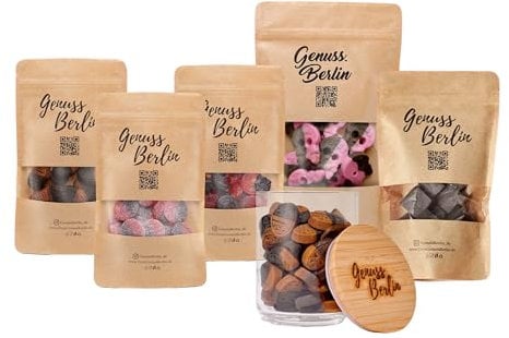Genuss Berlin – Süße Lakritz Orchester – 5 Sorten Lakritz Mischung – Toffee, Himbeere, Karamell & Saure Taler – Geschenkset mit Vorratsglas – Perfekt zum Teilen & Genießen – 1kg Süßigkeiten