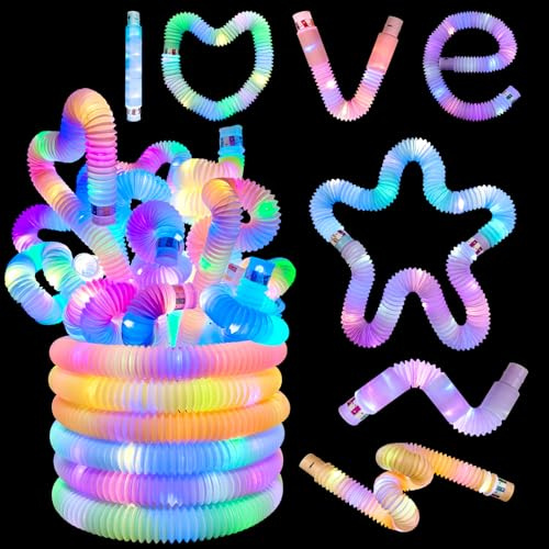 ALEENFOON 12 Stück Pop Tubes Spielzeug mit LED-Licht, LED Sensory Fidget Spielzeug, LED-Pop-Leuchtstäbe, Geburtstagsparty Dekoration
