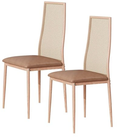 HNOUER Esszimmerstuhl 2er Set, Moderner Küchenstuhl, Esszimmerstuhl mit Vier Metallbeinen, aus Kunstleder, Polsterstuhl mit Rattan-Rückenlehne, Hohe Rückenlehne, geeignet für Esszimmer (Beige)