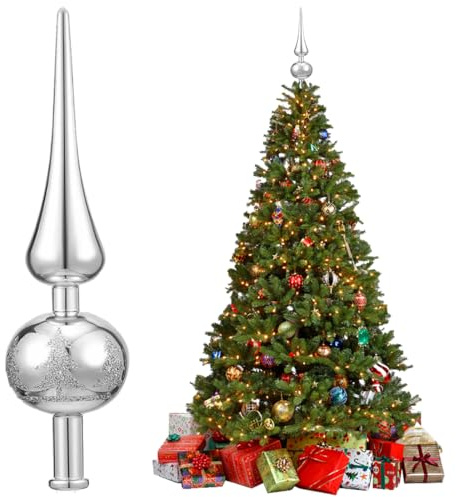 Christbaumspitze Weihnachtsbaumspitze Silber– Bruchsicher & Elegant, 23 cm Weihnachtsspitze aus hochwertigem Kunststoff in edler Glas-Optik, Spitze Aufstecker als klassischer Baumschmuck