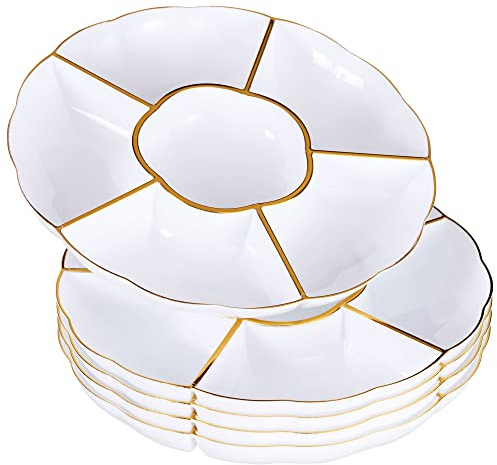 MATANA 20 Weiße Snackteller mit Goldrand & 6 Fächern (Kunststoff, 31cm) - Servierteller, Snackschalen & Dipschalen - Picknick & Partys - Elegant, Stabil & Mehrweg