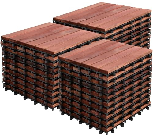 Bliss Outdoors - Piastrelle a 6 doghe in legno di acacia, impermeabili, per balconi interni ed esterni, colore rosso, set da 30