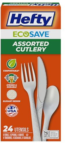 Hefty ECOSAVE Compostable Assorted Cutlery Set, Utensils for BBQs, Tailgates, Camping, Parties, and More, Includes 8 Forks, 8 Spoons, and 8 Knives, Compostable, Sustainable Design, 24 Count