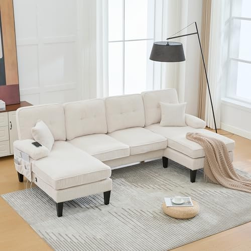 Coolywood Großes U-förmiges 4-Sitzer Sofa aus weichem Leinenstoff,Moderne Rückenlehne,mit Zwei Chaise-Lounges,elegant für jedes Wohnzimmer. (Beige)