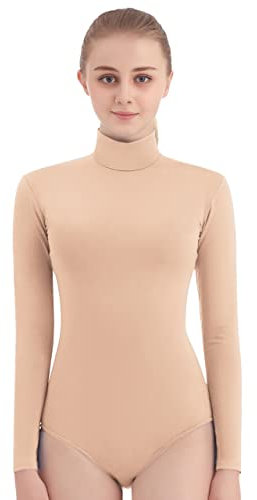 SUPRNOWA Rollkragen-Trikot, lange Ärmel, Spandex, für Tanz, Workout, Fitness, Bodysuit für Damen, Hautfarben, L