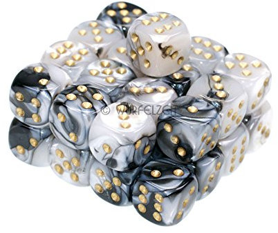 Würfelzeit 7401 - Würfel w6 12 mm, Alyen Perlenzauber Weiss-schwarz m/Gold (32er Set in Klarsichtbox)