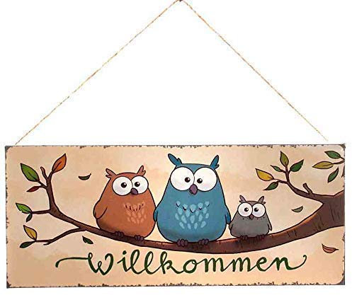 linoows Blechschild, Wandschild Willkommen und Eulen, Lustiges Gastro Schild 13x31 cm
