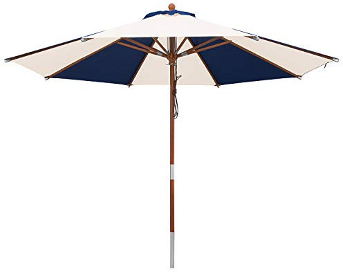 anndora Sonnenschirm 3,5 m rund natural blau gestreift- UV Schutz + Winddach -Holzstamm naturholz lackiert