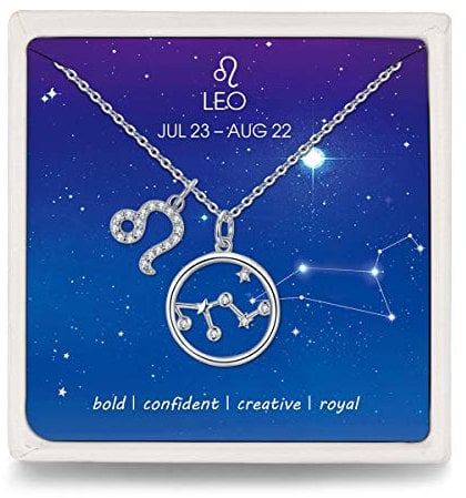 Qings Leo Zodiac Pendant Necklace 925 Sterling Silver Stars CZ Horoscope Friendship Necklaces Gifts for Women Girls