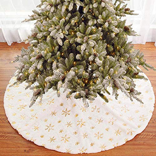 BAKAJI Tappeto Gonna Copertura per Base Albero di Natale Diametro 78cm in Morbido Tessuto Peluche Bianco Effetto Neve Innevato con Decorazione Fiocchi di Neve Addobbi Natalizi (Gold)