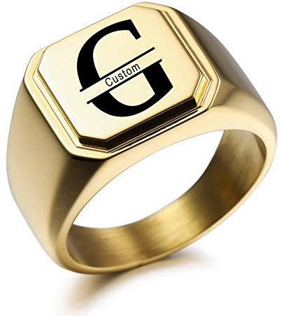 MeMeDIY Personalisierte Gravur Monogramm-Buchstaben-Signet-Ring für Männer Frauen Mädchen Jungen Edelstahl-Hochzeitsringen Benutzerdefiniert Schmuck Bündel mit Ringgrößeneinstellern (Gold)