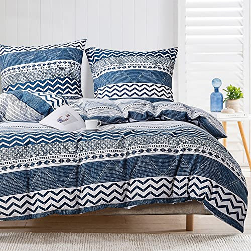 Damier Bettwäsche 220x240 Blau Weiß Geometrische Gestreift Muster Bettbezug Set 3 Teilig Weiche Microfaser Streifen Geometrisch Deckenbezug mit Reißverschluss und 2 Kissenbezüge 80 x 80 cm