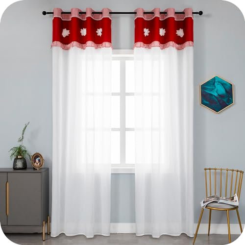Paire de rideaux blancs semi-transparents avec fleur de lotus et ourlet supérieur rouge rideau pour balcon porte salon chambre et chambre 2 panneaux avec œillets (rouge, 140 x 280 cm)