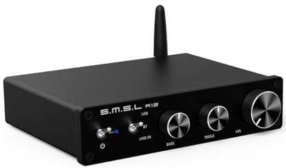 SMSL A12 Bluetooth 5.0 Stereo Audio Amplifier, Mini HiFi Class D Integrated 2 Channel Power Amp for Home Speakers with Bass and Treble Control 80Wx2 Infineon's MA12070