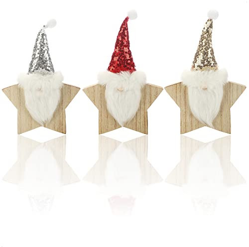com-four® 3X Holz-Aufsteller für Weihnachten - Filz-Wichtel in Sternform aus Holz zum Hinstellen - Deko Holzfiguren Zierschmuck (Sterne - goldfarben/silberfarben/rot)