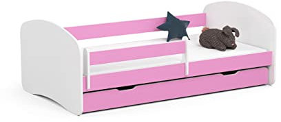 ADGO Smile Set Kinderbett + Matratze 180x90 cm, Bett mit Rahmen, Schublade und Barrieren, fürs Kinderzimmer, Jugendbett mit Rausfallschutz, Lattenrost Kinderbetten (Versand in 2 Paketen) (Rosa)