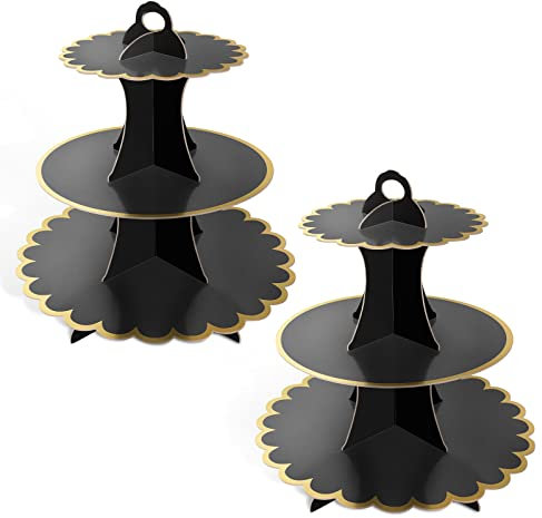 2 Pack Black Cake Stand Cardboard Cupcake Stand 3 Tier Cupcake Dessert Holder Cardboard Round Tower Cake Stands for Afternoon Tea Cake Stands for Birthday,Party,Baby Showers