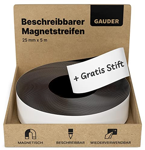 GAUDER Magnetstreifen beschreibbar | Magnetstreifen zum Beschriften | Beschreibbare Magnetstreifen weiß (25 mm x 5 m)