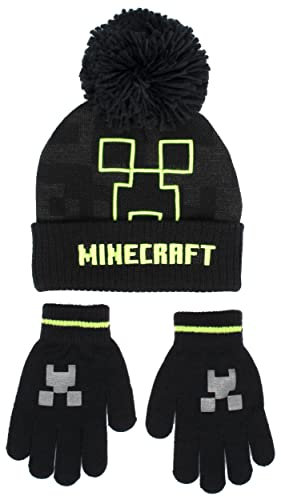 Minecraft,Kinder Mütze & Handschuhe Set,Schwarze Wollmütze & Handschuhe,Pixel Design,Einheitsgröße passend für 6-12 Jahre,Offizielles Merchandise-Produkt, Green Creeper, 6-12 Jahre Einheitsgröße