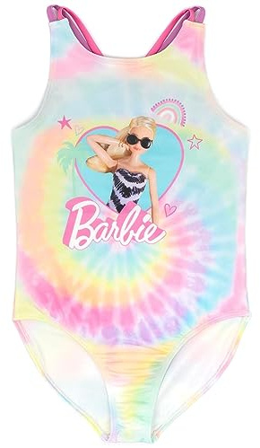 Barbie Swimsuit for Girls | Kids Fashion Doll Pink White Logo | Tie Dye Swimming Costume | Children’s All in One Swimwear