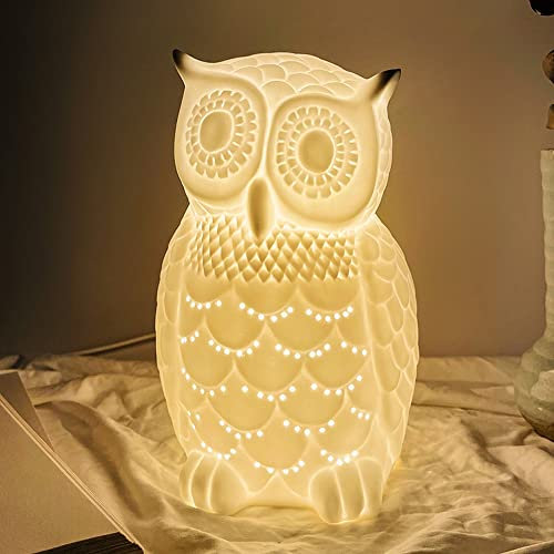 FAZRPIP Kreative Eule Keramik Tischlampe weiß glasiert Schlafzimmer Nachttischlampe für Wohnzimmer Home Office Schreibtisch Nachttisch Tischlampe Weihnachtsbeleuchtung Innenbereich 20 x 13 cm