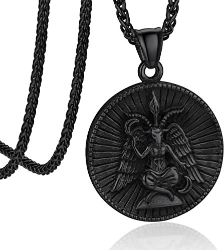 Bandmax Luzifer Satan Kette Männer Edelstahl Panzerkette Satan Ziege Kette Leviathan Kreuz Kette schwarzer Anhänger mit Satan Baphomet Standbild Baphomet Kette Gotik Schmuck Länge 55CM+5CM
