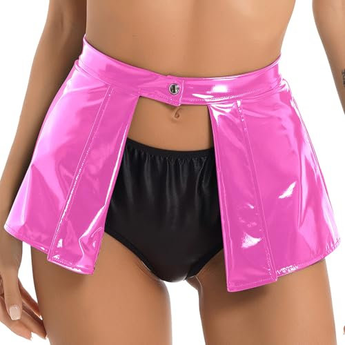 renvena Damen Lack Leder Rock Sexy Minirock Faltenrock Vorne Offen Lederoptik Partyrock Wetlook Latex Outfit Gogo Tanz Club Kostüm Hot Pink L