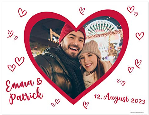 Herz & Heim® Hochzeitsbanner Herz zum Ausschneiden für Hochzeitsspiel mit Namen und Datum - Motivauswahl Fotoherz Rote Herzen