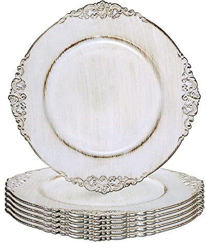 Gifturbo Antike weiße Platzteller, 33 cm, runde Ladegeräte für Speiseteller, Set mit 6 Kunststoff-Ladetellern für Tischdekoration, dekorative Teller-Ladegeräte für Hochzeit, Dekoration