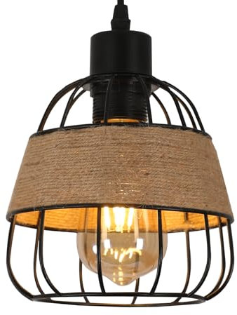 Lampada a Sospensione Industriale Vintage, Nero Lampadario a Sospensione in Corda di Canapa e Ferro, E27 Retrò Luce a Sospensione di Design Geometrico per Cucina Soggiorno Tavolo da Pranzo Ø16cm