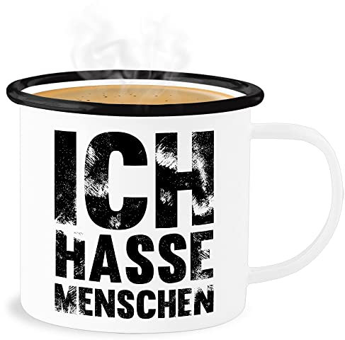 Emaille Becher Blechbecher - Statement - Ich hasse Menschen - Mag keine - 300 ml - Weiß Schwarz - statements sarkasmus tasse frohes neues jahr tassen new year blech mit