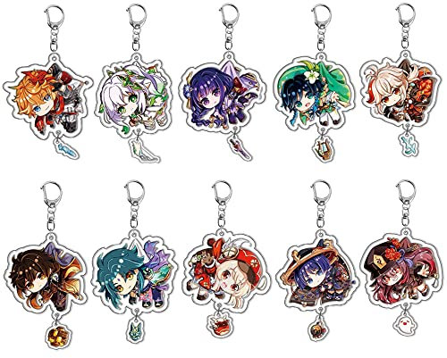 PIGIAOKA Genshin Impact Schlüsselanhänger-Set, Acryl-Schlüsselanhänger, Genshin, Anime-Cartoon-Spielfigur, Schlüsselanhänger mit Anhänger, bunt, 5,3 x 5,3 cm, 10 Stück
