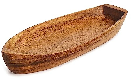 CAMLOT Lucky Boat - Bandeja de servir de madera maciza de acacia para servir postres, frutas, aperitivos y decoración de casa, bandeja para llaves, cuenco decorativo funcional y de almacenamiento (M)