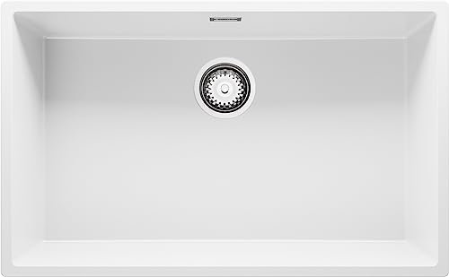 PRIMAGRAN Fregadero Cocina Blanco 76x47cm, Granito 1 Seno + Sifón, Sobre encimera al mueble 80cm - London Slim