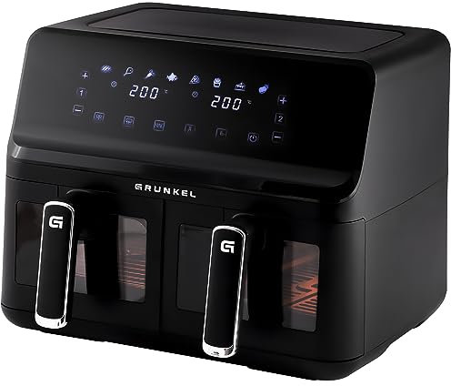 Grunkel - Freidora aire - Air Fryer - 8 programas y 2700W potencia DUAL TASTY FRYER. Panel digital Multifunción y ventanal retroiluminada. Temporizador 60 minutos (2x4L, Doble)