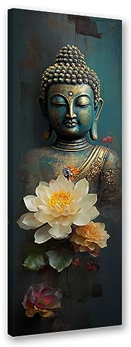 Feeby Bilder Buddha Orient 40x120 cm 1 tlg Modern Leinwandbilder Bild auf Leinwand Kunstdruck Wand Bild Wanddeko Design Schlafzimmer Büro Flur Hotel Spa Wohnzimmer Zen Asien Blau