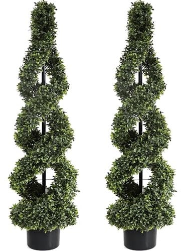 Künstlicher Buchsbaum-Formschnitt-Baum, 117 cm, Doppelspirale, 10,2 cm, künstliche Pflanze, Dekoration im Kunststofftopf, grün, für drinnen oder draußen, 2 Stück