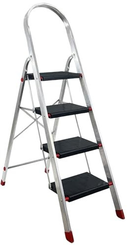 Marvin Scala in Alluminio 4 Gradini Sgabello Pieghevole Richiudibile Salvaspazio Ripiegabile Robusta Multiuso con Pedata Larga Resistente (4 Gradini)