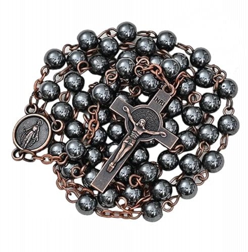 Kuesn 6mm Black Hematite Stone Beads with Antique Copper Plated St.Benedict Center Piece Medal and Crucifix Cross Catholic Rosary Necklace for Men and Women (Black Gold)