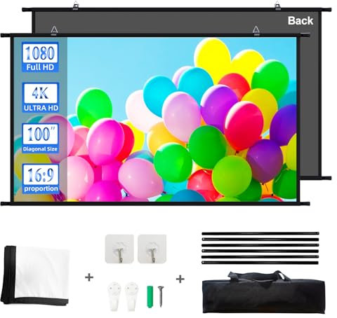 Écran de projection 16:9 à suspendre - Écran de projection d'intérieur de 100 avec 4K Full HD 3D - Écran de projection pour montage mural - Pour présentations de bureau, home cinéma