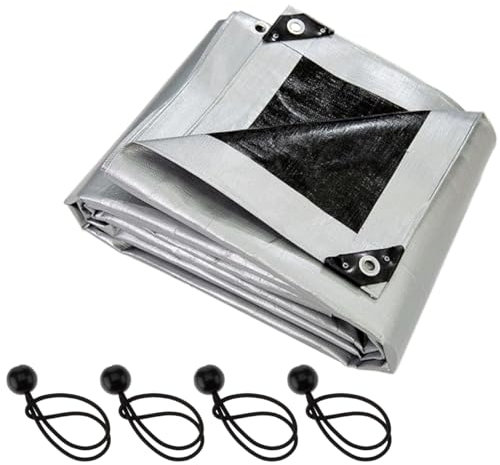 Heavy-Duty Waterproof Silver Tarpaulin 3 x 5 m - 260 GSM PE Tarp with 4 Ball Bungees - UV Resistant, Mould-Proof, Tear-Resistant Cover for Roofing, Camping, Garden, Construction - Reinforced Edges