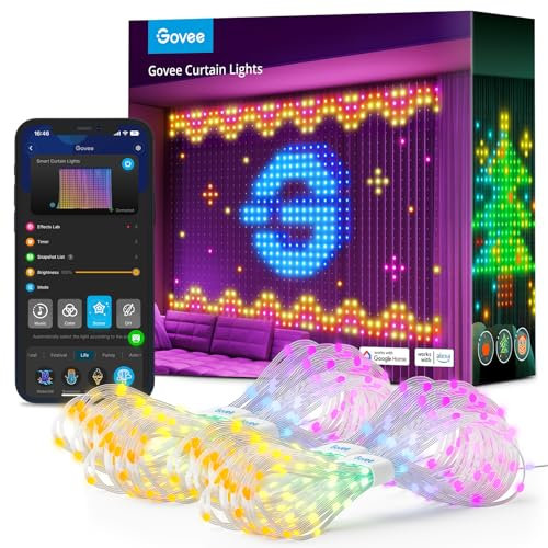 Govee Curtain Lights, Smart LED Lichtervorhang, Dynamische DIY Lichterkette Vorhang, IP65 Wasserfest, Kompatibel mit Alexa für Zimmer, Party Deko, 520 RGBIC LEDs, 2 Stück