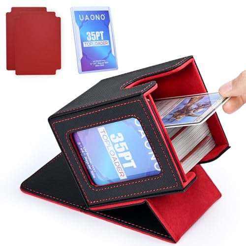 UAONO Magic Deck Box mit MTG Commander-Display, Patentiertes Deck Boxen für 100+ Karten, Sammelkarten-Aufbewahrungsboxen, Spielkarten Deck Case, mit 2 Trennwänden, 1 Toploader (Schwarz und Rot)