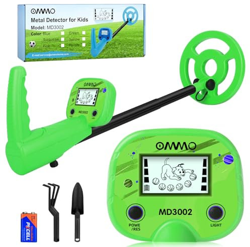 OMMO Metalldetektor Kinder, LCD-Display mit Beleuchtung, 44-81cm Einziehbarer Vorbau, Montage in einem Schritt Metalldetektor, IP68 Wasserdicht Suchspule, Geburtstagsgeschenk
