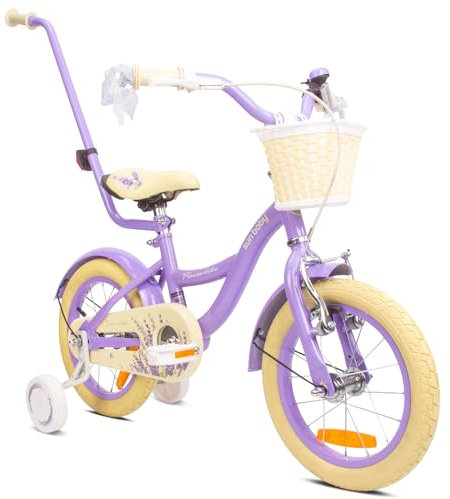 sun baby Mädchenfahrrad 14 Zoll Radgröße Flower Bike zur Auswahl, mit Abnehmbarer Schubstange, Kinderfahrrad für Mädchen von 2 bis 6 Jahre (Lavender, 14 Zoll)